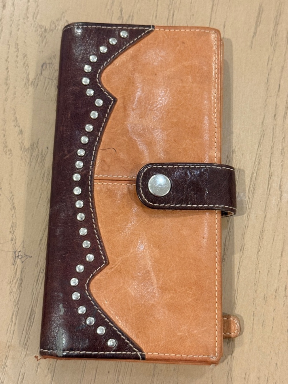 Leather Two-Tone Studded Wallet - Brown/Tan - Picture 3 of 9